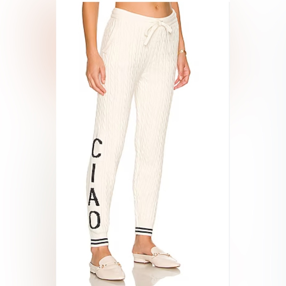 LPA Ciao Cream Cable Knit Pants with Navy Blue Text